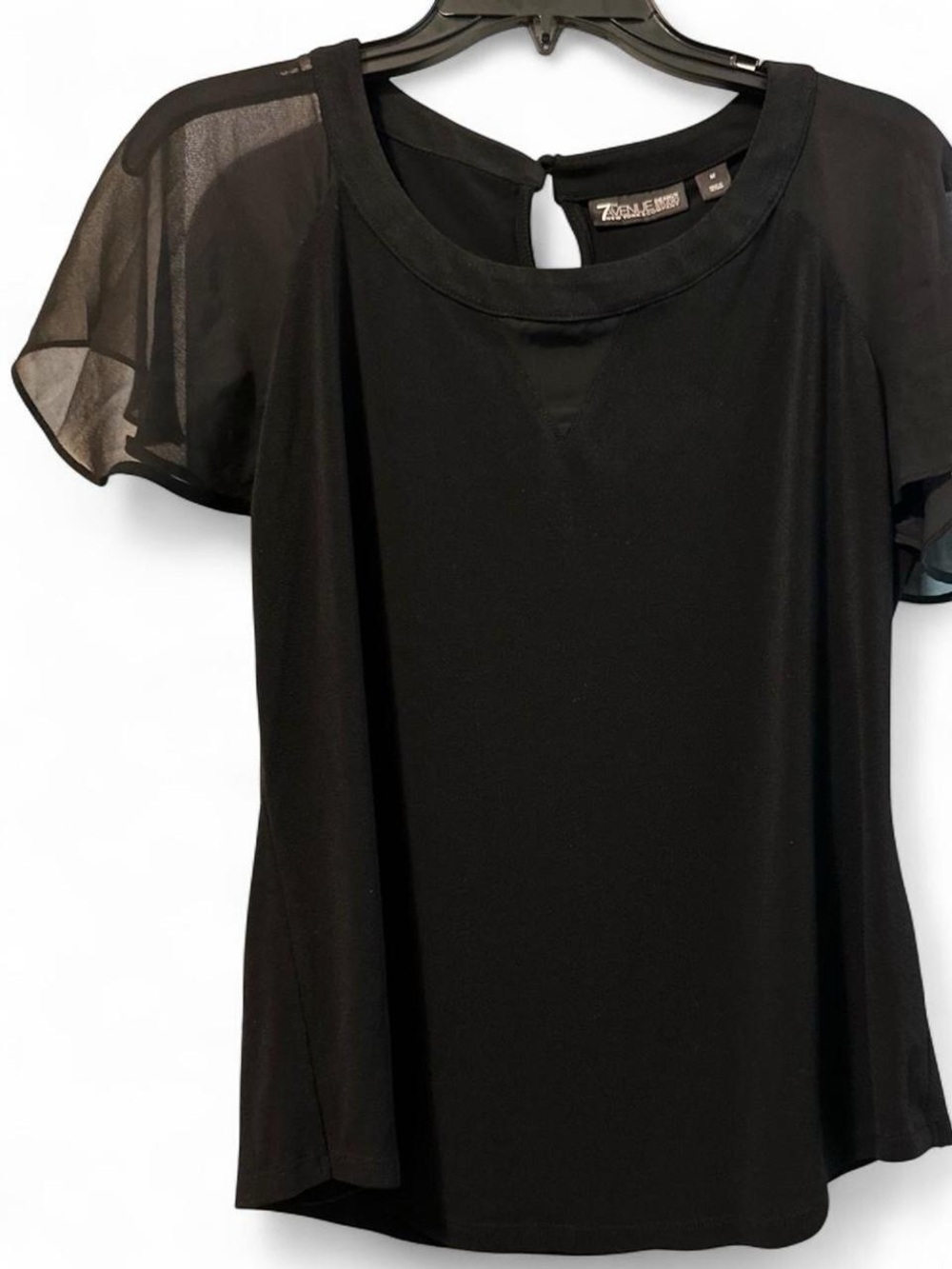 New York & Company Black Short Sheer Sleeve Round Neck Blouse